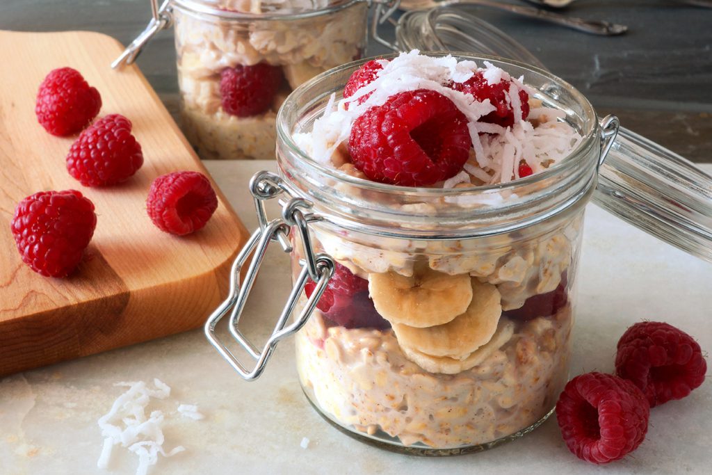 Breakfast overnight oats with fresh raspberries