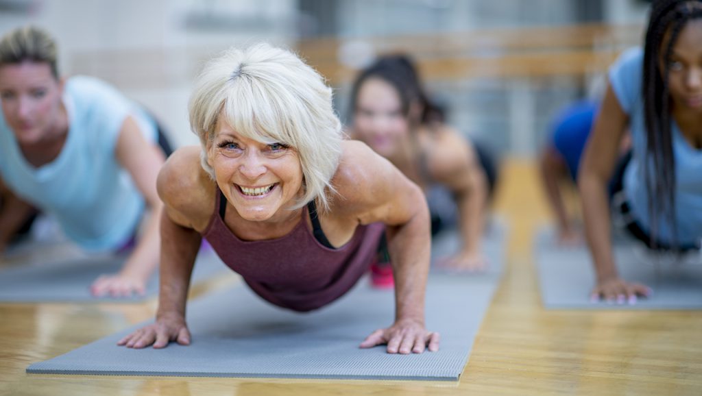 a woman doing yoga.