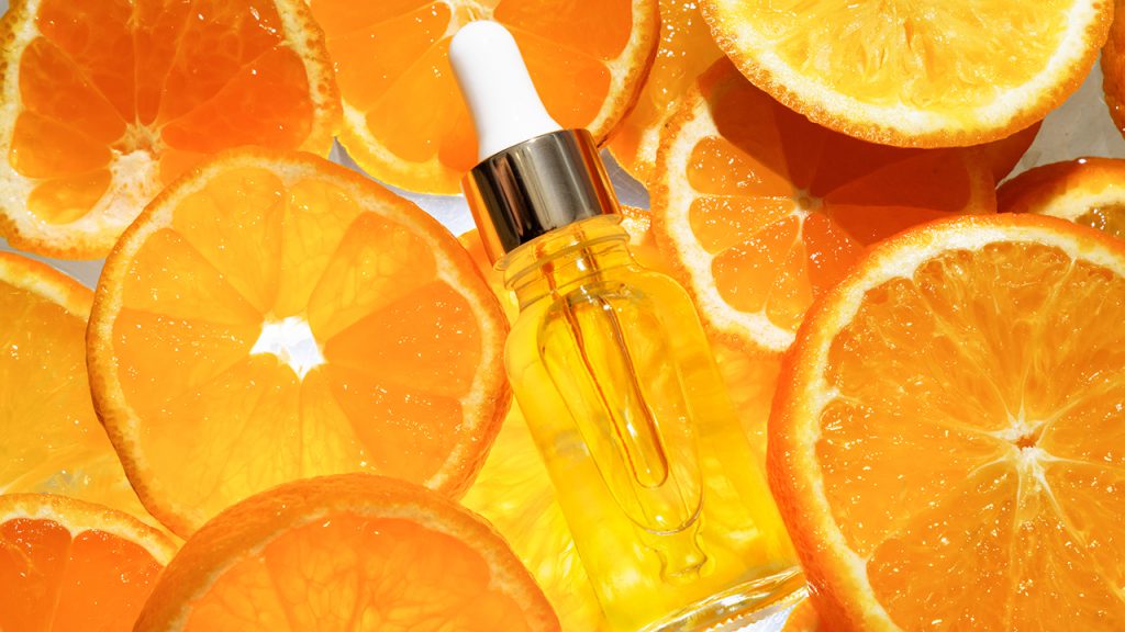 Vitamin C Facial Serum in Glass Bottle.